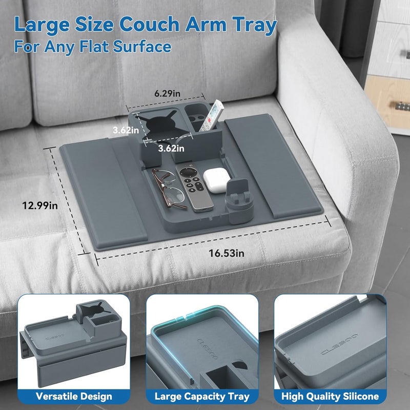 CLESOO Couch Arm Cup Holder Couch Arm Tray Anti-Slip Couch Cup Holder Silicone Sofa Armrest Tray Dual Side Pocket Couch Drink Holder Sofa Caddy Arm Remote Holder Snack Caddy with Phone Holder Blue - Image 4